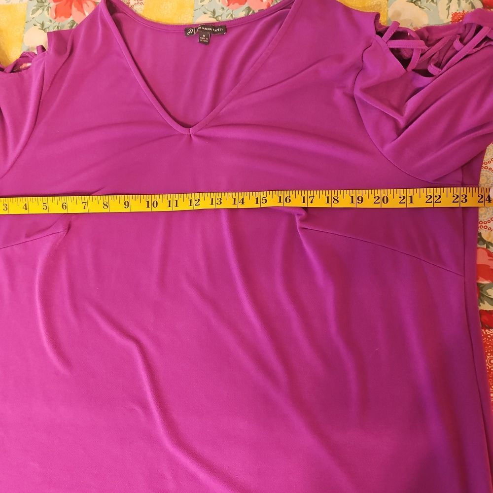 Adrianna Papell Magenta V-Neck Cold-Shoulder Blouse with Lattice Sleeves - Picture 7 of 9